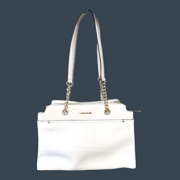 Calvin Klein White Purse Pocketbook Chain Straps Key Item Saffiano Leather Tote - Picture 1 of 12